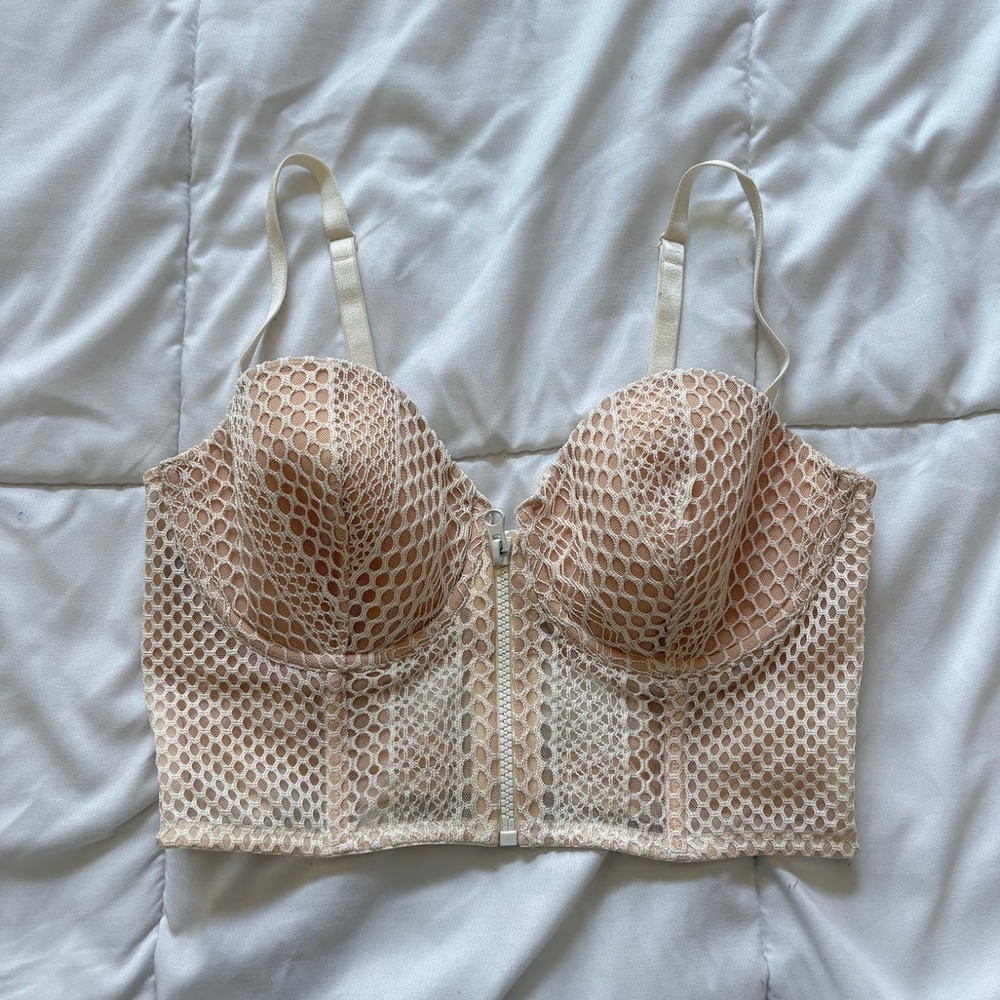Victorias Secret Very Sexy Fishnet Mesh Bustier Zip Front Lingerie Top 36D